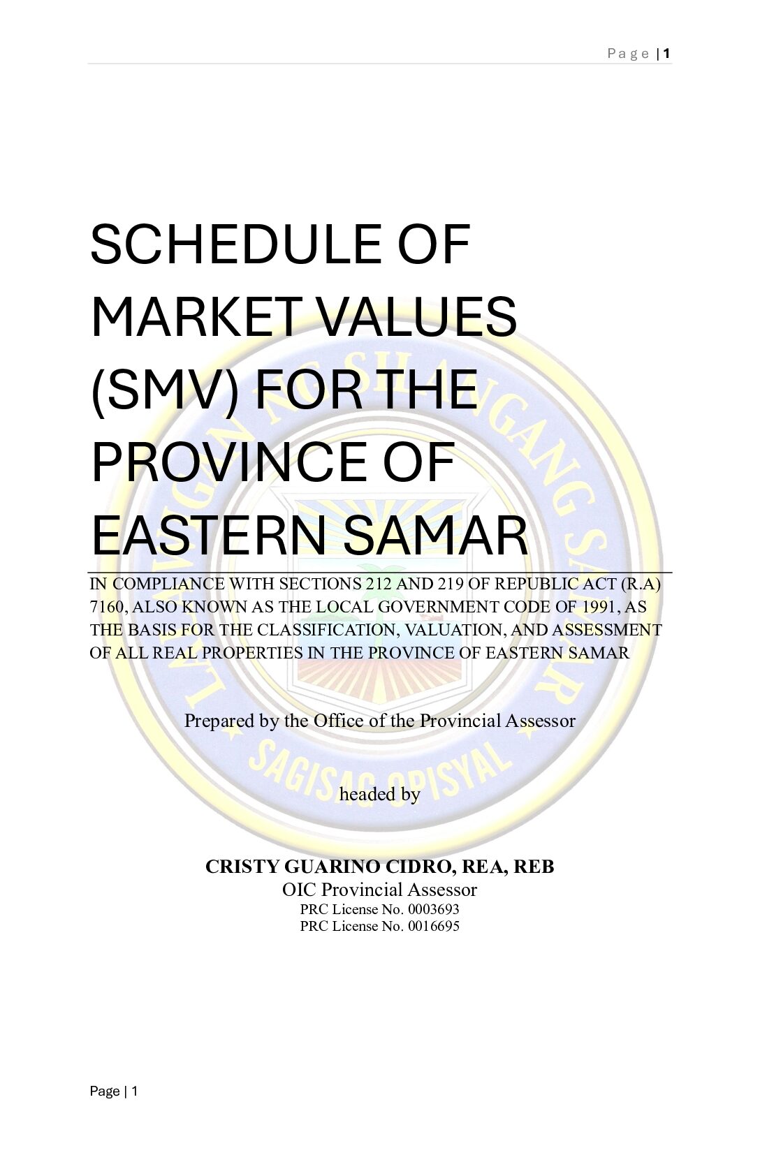 Schedule of Market Values (SMV) for the Province of Eastern Samar — CY 2026